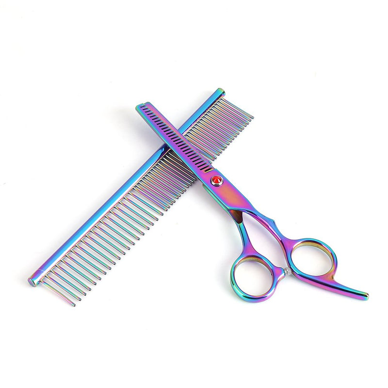Dog Grooming Scissors Kit, 5 Pack Colorful Stainless Steel Professional Safe & Fast Cut Pet Grooming Scissors Set with Thinning Straight Curved Scissors and Grooming Comb - PawsPlanet Australia