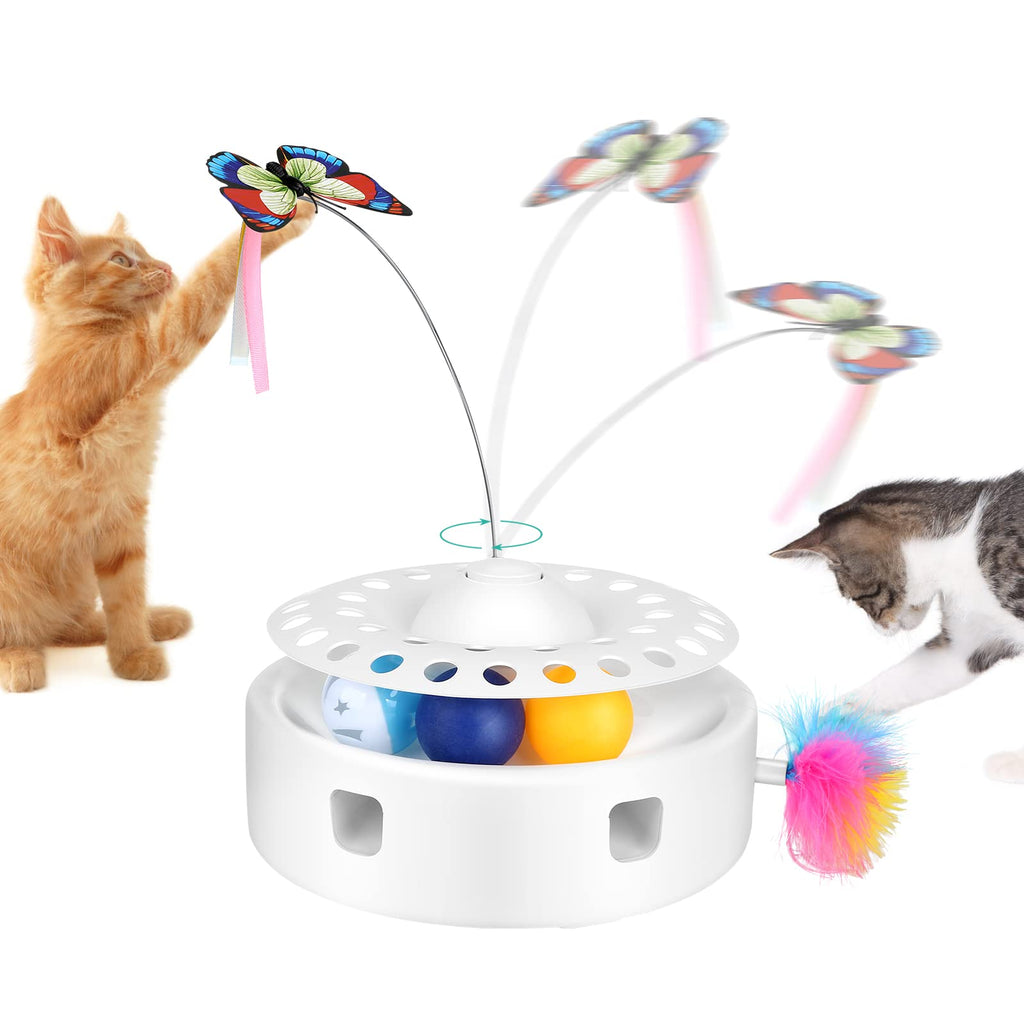 PETTOM 3 in 1 Electric Cat Toy, Mute Interactive Cat Toy with Feathers & Ball Exercise Cat Toy & Rotating Butterfly, Self-employment Cat Teaser Toy for Cats White - PawsPlanet Australia