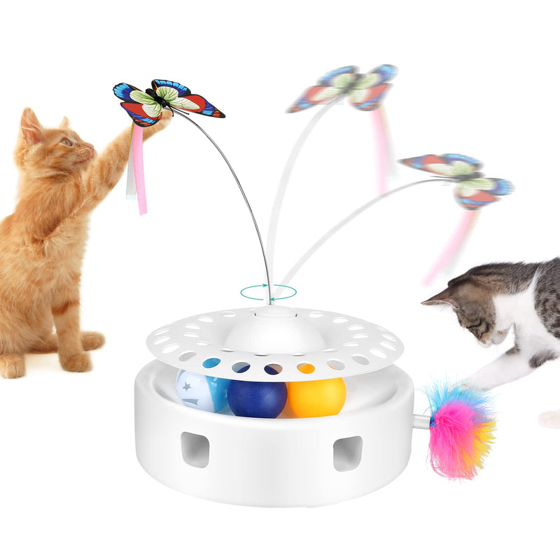 PETTOM 3 in 1 Electric Cat Toy, Mute Interactive Cat Toy with Feathers & Ball Exercise Cat Toy & Rotating Butterfly, Self-employment Cat Teaser Toy for Cats White - PawsPlanet Australia