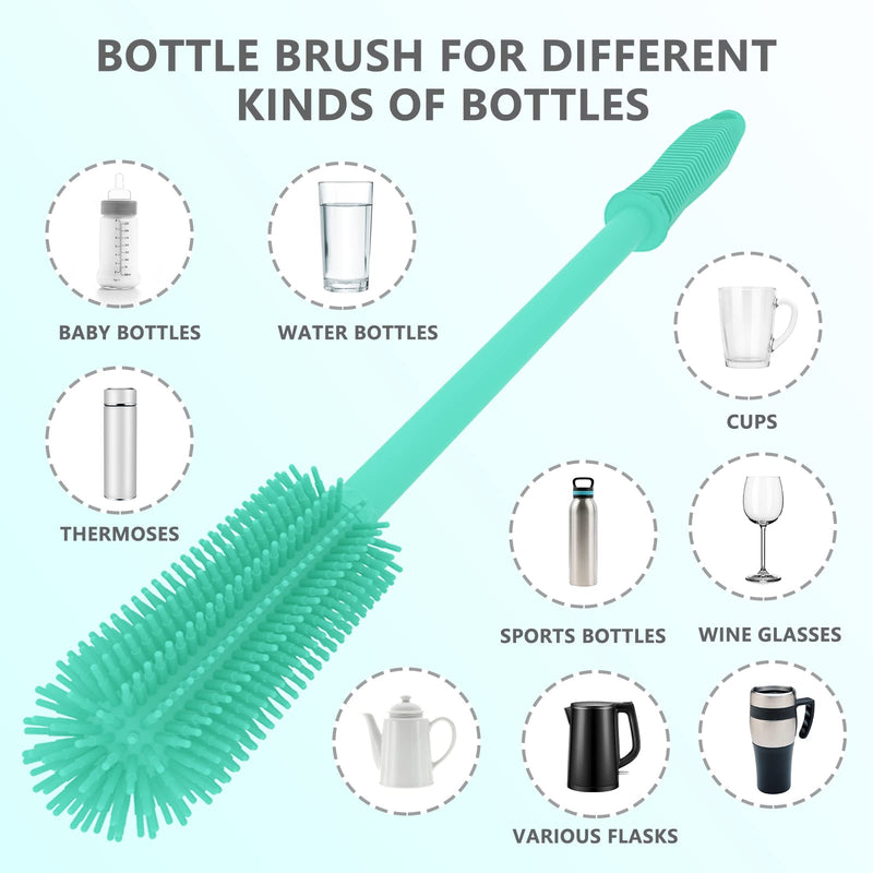 Silicone Bottle Cleaning Brush | 2 pieces | 15.7" + 12.5" Water Bottle Brush Cleaning Brush for Hydro Bottles, Glassware, Vacuum Sports Bottles and Vases, Water Bottle Cleaning Brush for Green - PawsPlanet Australia