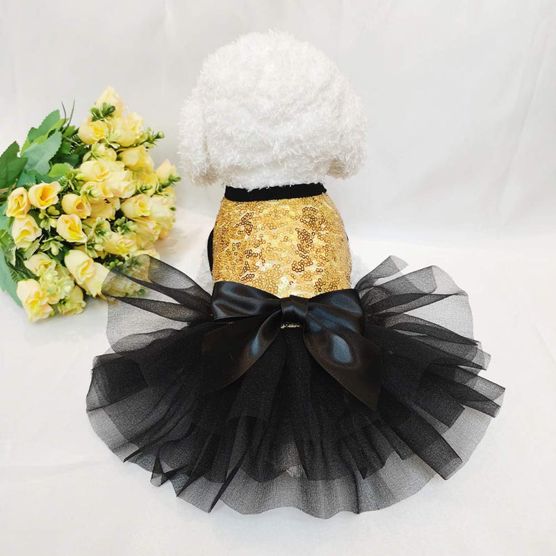 Wolyepor Puppy Princess Sequined Bow Dog Tutu Dress Dog Pleated Shirt for Birthday Party (Small, Golden) Small - PawsPlanet Australia
