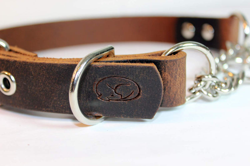 [Australia] - sleepy pup Adjustable Leather Martingale Chain, Limited Slip, Half-Check Chain, Training Dog Collar - Made in Virginia Large: 18"-22" Dark Brown 