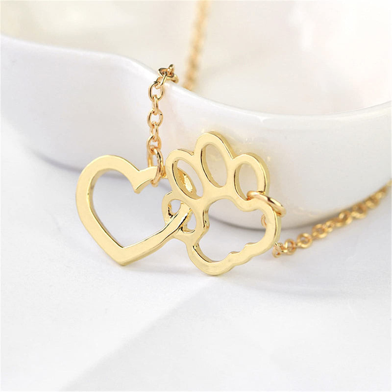 COLORFUL BLING Dog Cat Paw Print Pet Footprint Necklace for Women Girls Double Hollow Cute love Charm Creative Doggy Puppy Cat Animal Forever Love Heart Pendant Necklace Jewelry for Pet Lover Girls (Heart and Paw Print) Gold - PawsPlanet Australia