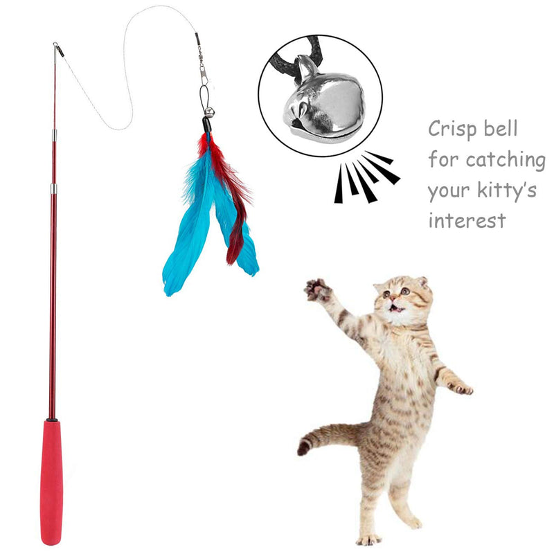 [Australia] - Famgee Feather Teaser Cat Toy - 2 Pcs Retractable Cat Toys Wand and 10 Replacement Refills Assorted Feathers Birds Worms Catcher with Bell, Interactive Teaser and Funny Exercise for Kitten Cats 