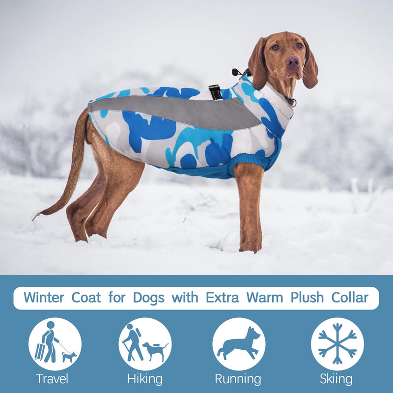 Dog Winter Coat, FUAMEY Soft Fleece Lined Warm Dog Jacket Winter Waterproof Windproof Camouflage Dog Fleece Vest for Cold Weather, Reflective Cozy Dog Coat Dog Apparel for Small Medium Large Dogs X-Small blue - PawsPlanet Australia