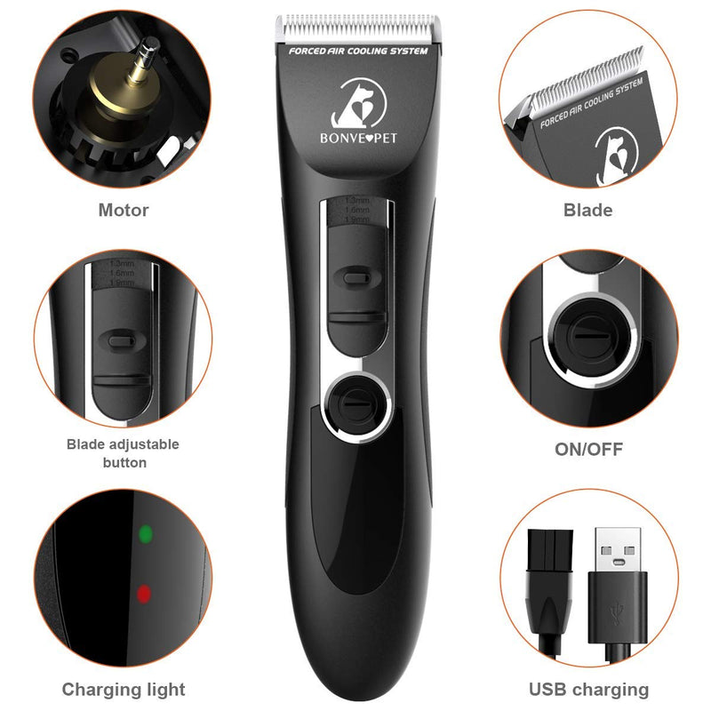 Bonve Pet Dog Clippers, Dog&Cat Grooming Kit Noiseless Cordless Dog Grooming Clippers Professional Rechargeable Dog Trimmer Electric Hair Clippers for Thick Coats Dogs Cats Pets, Black-Dog Clippers - PawsPlanet Australia