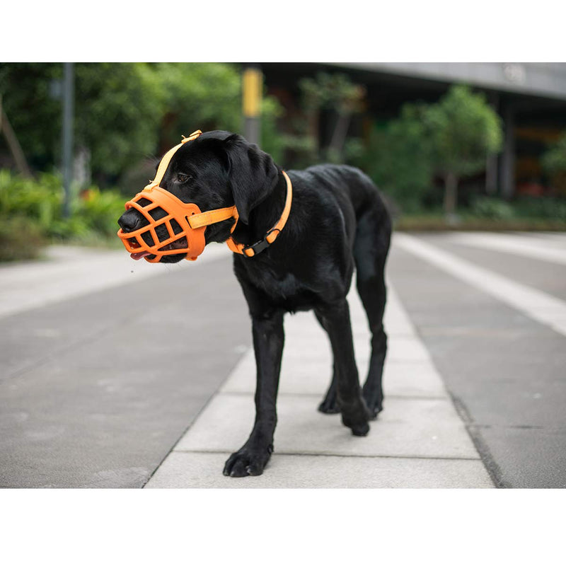 BARKLESS Dog Muzzle, Soft Silicone Basket Muzzle for Dogs, Allows Panting and Drinking, Prevents Unwanted Barking Biting and Chewing, Included Collar and Training Guide 5 (Snout 13.5-14.5") Orange - PawsPlanet Australia