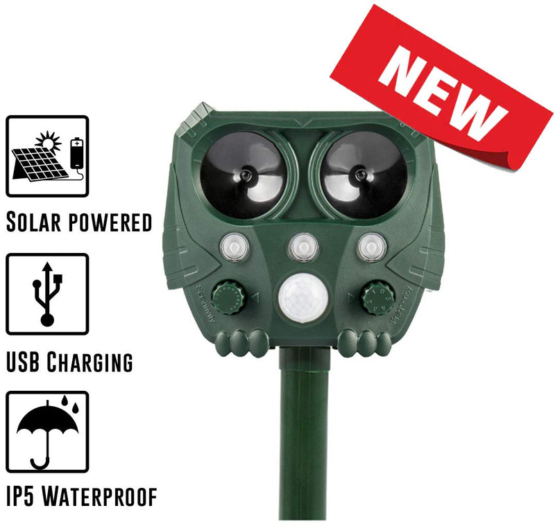 KMO Ultrasonic Cat and Fox Repellent LED Motion Activated | Battery operated | Solar charge | USB charging port | Cat Scarer Fox Repeller with ground stake | IP5 Waterproof for the Garden - PawsPlanet Australia