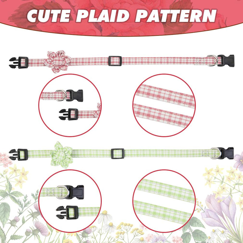 Floral Dog Collar for Small Medium Dogs, 2 Pack Cute Plaid Doggy Collars with Detachable Flower, Adjustable 12.9" to 21.6" Pink - PawsPlanet Australia