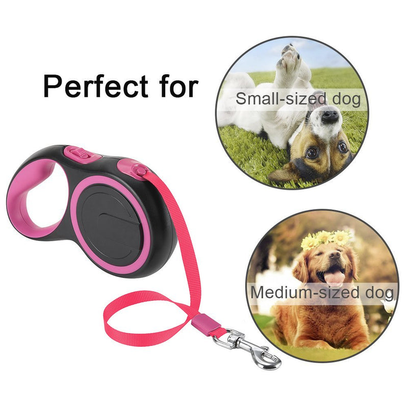 [Australia] - SlowTon Retractable Dog Leash, 16ft Walking Jogging Training Leash Polyester Tape Small Medium Dog up to 44lbs Hand Grip One Button Brake & Lock Black+Pink 