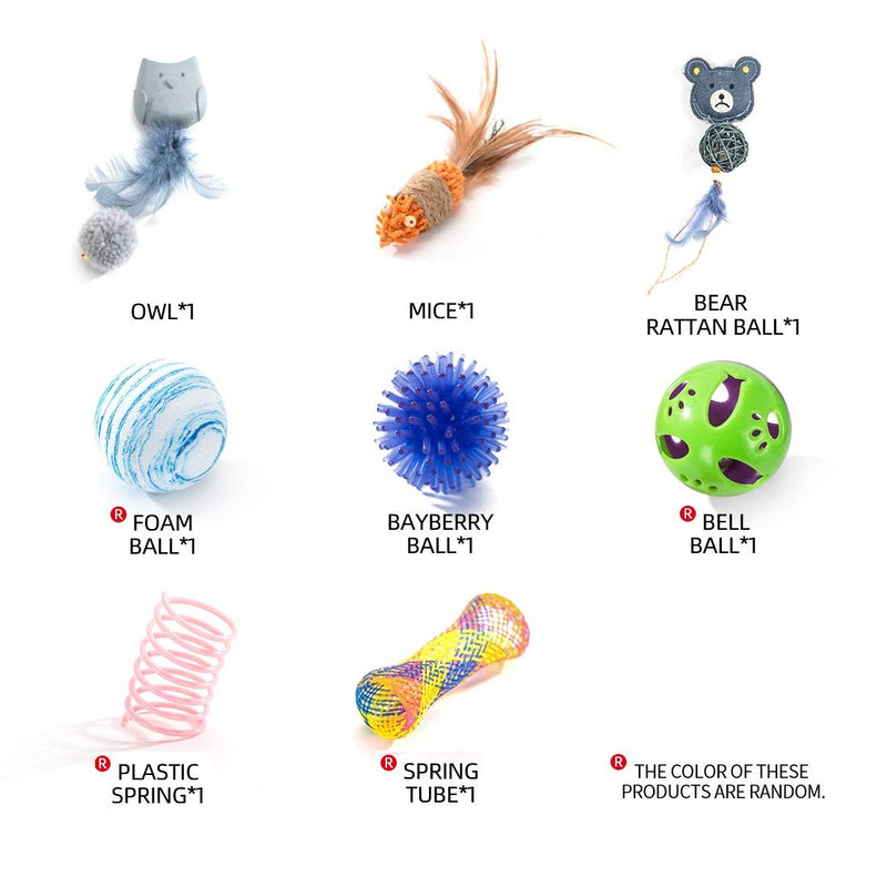 [Australia] - HIPIPET 8PCS Kitten Toys Variety Cat Toys Assortment with Catnip for Indoor Cats Including Balls Mice Feather Spring Bells 