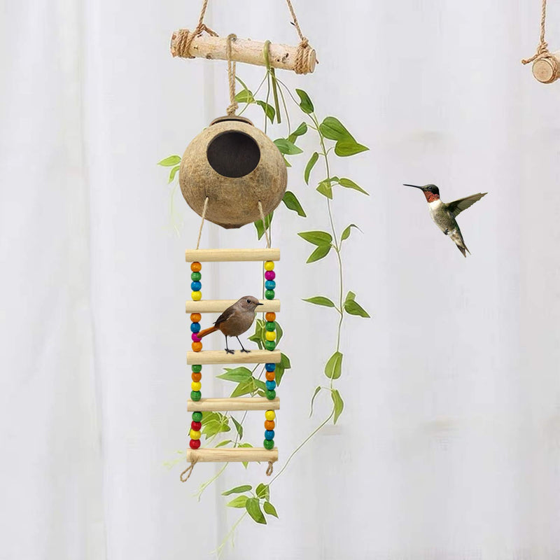 Hanging Coconut Bird House Hanging with Ladder,Natural Coconut Fiber Shell Bird Nest for Parrot Parakeet Lovebird Finch Canary,Coconut Hide Bird Swing Toys for Hamster,Hummingbird,Pet Bird Supply. - PawsPlanet Australia