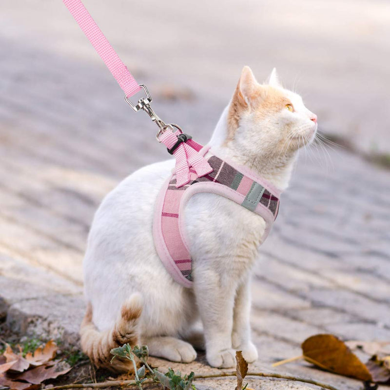 PUPTECK Escape Proof Cat Harness and Leash Set for Medium and Large Kitten Kitties with Classic Plaid Pattern, Breathable and Soft for Outdoor Walking Adjustable Chest Strap, Pink M: Chest: 13-15" - PawsPlanet Australia