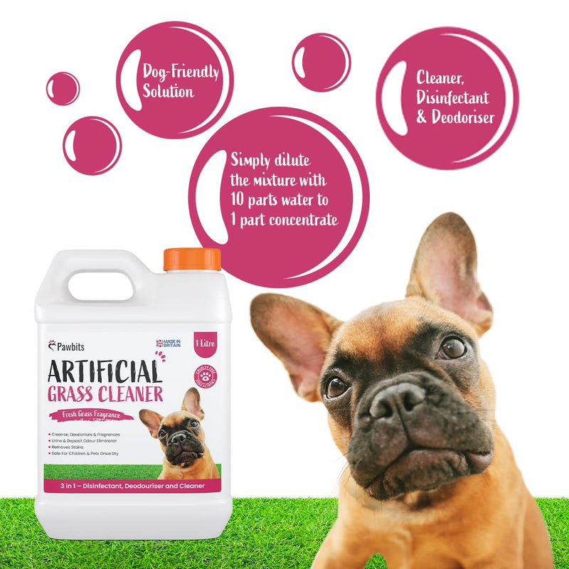 Pawbits Artificial Grass Cleaner For Dogs & Pets 1L – Super Concentrated make 30L of Disinfectant & Deodoriser for Dog & Pet Urine, Deposits, Moss and Algae - Grass Scented Lawn Odour Eliminator - PawsPlanet Australia