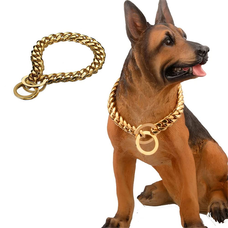 HXNINE Dog Cuban Chain Neck Link Stainless Steel Collar Necklace Choker for Bulldog Rottweiler Thick Golden Chain 15mm Width, 20 inch Length - PawsPlanet Australia