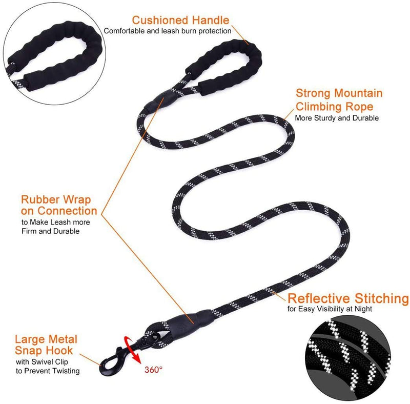Caraele Rope Dog Lead, 5 FT Strong Dog Lead with Comfortable Padded Handle and Highly Reflective Threads for Small, Medium and Large Dogs (Black) Black - PawsPlanet Australia