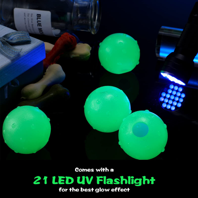 4 Pieces Light Up Balls for Dog Glow in The Dark Pet Rubber Dog Fetch Elastic Toy Balls with a 21 LED UV Flashlight for Pets Dogs Cats Chewing Teeth Cleaning, 2 Inch - PawsPlanet Australia