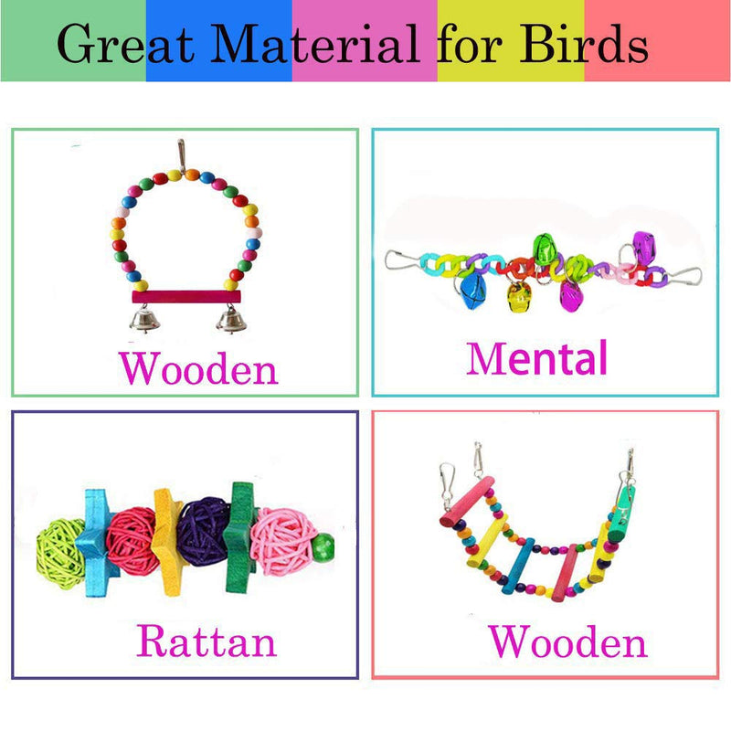 ESRISE 7 Pcs Bird Parrot Toys, Hanging Bell Pet Bird Cage Hammock Swing Climbing Ladders Toy Wooden Perch Mirror Chewing Toy for Conures, Love Birds, Small Parakeets Cockatiels, Macaws (Muliti-B) Muliti-B - PawsPlanet Australia