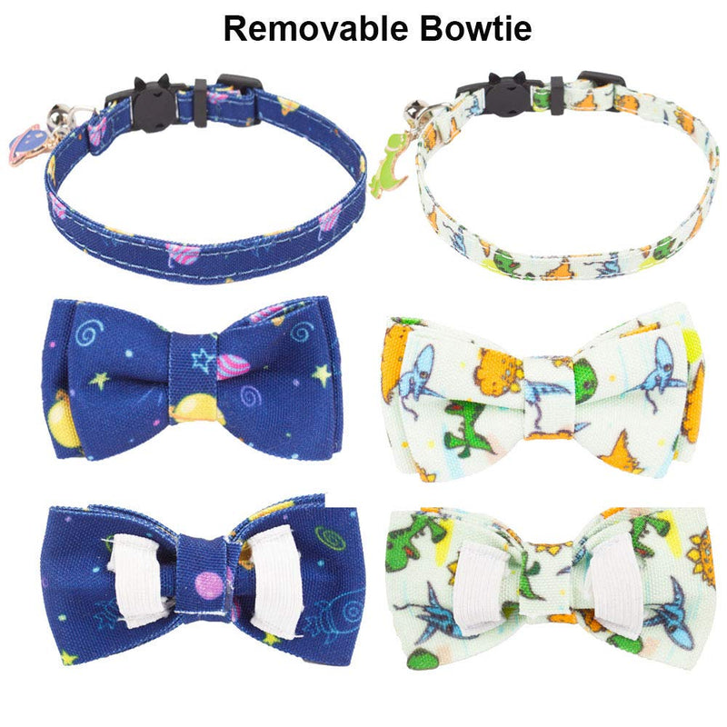 [Australia] - ADOGGYGO Cat Collar Breakaway with Cute Bow Tie Bell - 2 Pack Kitten Collar with Removable Bowtie Universe Dinosaur Rainbow Sea Pattern Cat Bow tie Collar for Cat Kitten Kitty Puppy Universe & Dinosaur 