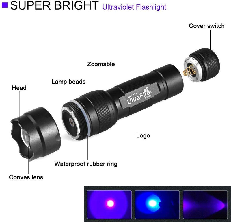 ULTRAFIRE Mini UV Flashlight Super Power 395-405nm Adjustable Focus Blacklight LED Torch for Leak Detector, Pet Urine Stain, Bed Bug - PawsPlanet Australia