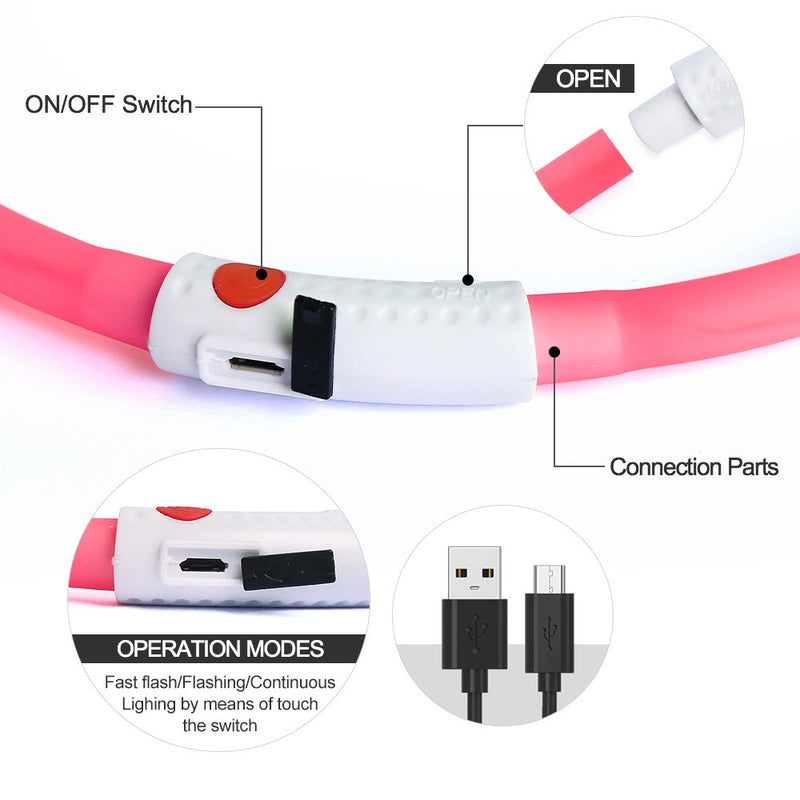 [Australia] - USB Rechargeable LED Dog Collar - Glowing Pet Collar for Dogs, Light Up Doggy Collars Keep Your Dogs Be Seen& Be Safe Adjustable Size Flashing Collars Pink-Silicone 