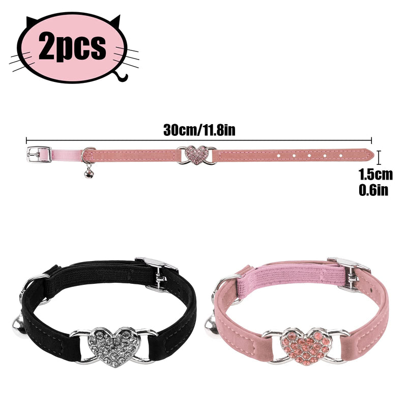 2 Pcs Kitten Collars with Bells,Safety Release Lovely Cat Collar,Safety Collar Adjustable Elastic Strap,Crystal Heart Pendant Cute Pet Supplies for Small Animal Indoor Outdoor 8-10 inch Black+Pink - PawsPlanet Australia