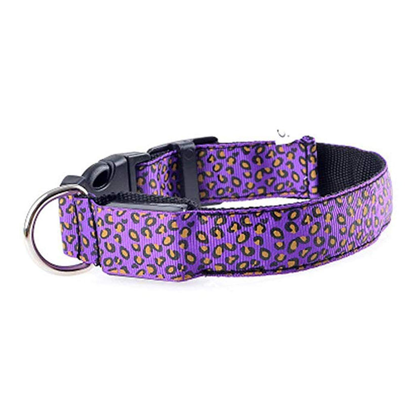 [Australia] - Pesp LED Luminous Pet Dog Collar Leopard Glowing Flash Puppy Collar for Night Safety Light-up Adjustable Necklace for Small Medium Large Dogs Purple 
