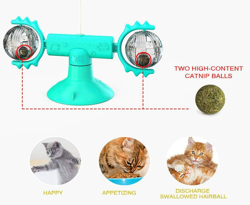 Rotating Windmill Cat Toy , Cat Toys Interactive with Suction Cup Turntable Teasing with Feathers and Catnips Ball - Blue - PawsPlanet Australia