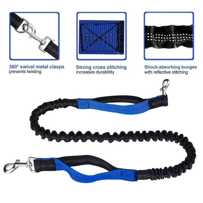 LANNEY Hands Free Dog Leash for Running Walking Training Hiking, Dual-Handle Reflective Bungee, Poop Bag Dispenser Pouch, Adjustable Waist Belt, Shock Absorbing, Ideal for Medium to Large Dogs Black and Blue - PawsPlanet Australia