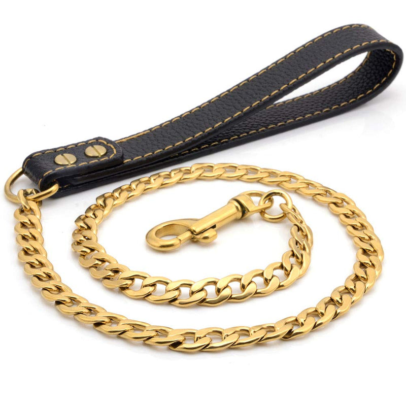 ZZOHAA 4ft Metal Dog Lead with Leather Handle,Fully Welded Gold Dog Leash,316L Stainess Steel Strong Dog Pet Chain for Large Medium Small Dogs (4FT, Gold) - PawsPlanet Australia