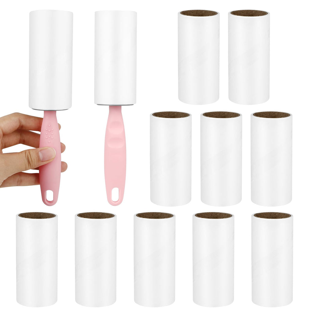 12 Roll Lint Roller with 2 Dispensers, Pet Hair Remover, Extra Sticky Lint Roller for Removing Lint and Pet Hair from Clothes, Sofa, Carpet - 60 Sheets/Rolls Pink - PawsPlanet Australia
