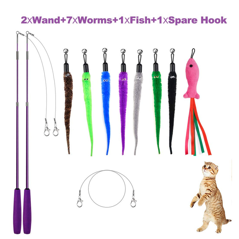 Retractable Cat Toy Wand, 11 Packs Interactive Cat Feather Toys, 7 Worms and 1 Fish Teaser Assorted Cat Teaser Refills with Bell, Include 1 Replacement Line, Fun Toy for Cat Exercise - PawsPlanet Australia