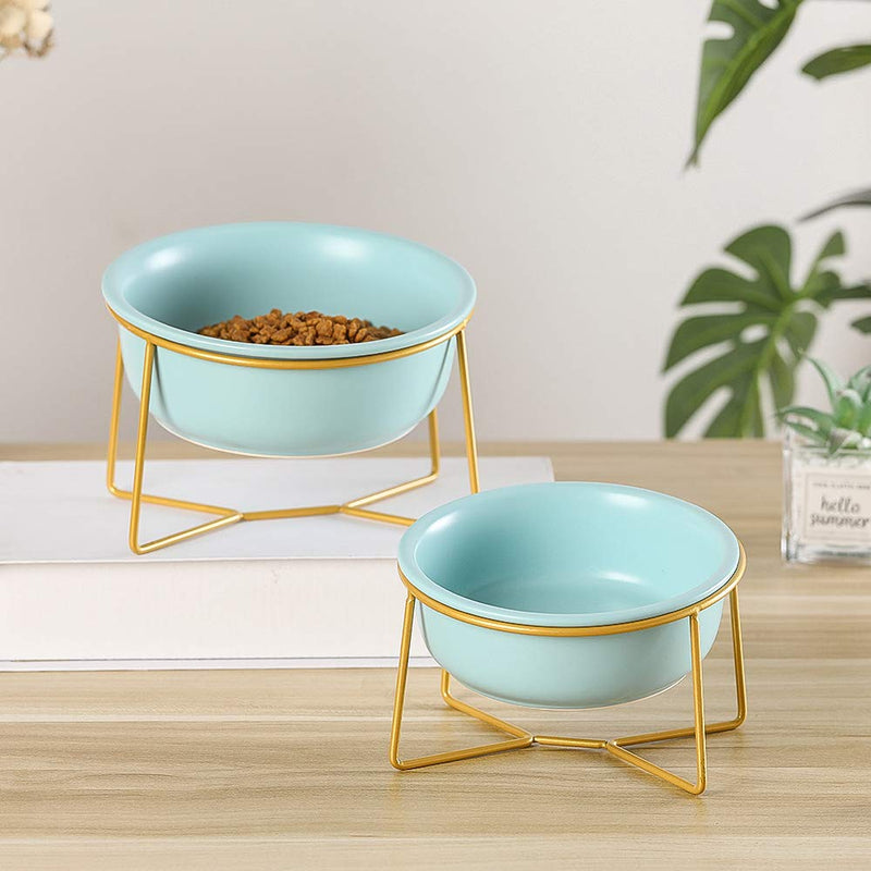 HCHLQLZ Blue Small Ceramic Tilted Elevated Cat Dog Bowl Raised Cat Food Water Bowl Dish Pet Comfort Feeding Bowls with Gold iron stand - PawsPlanet Australia