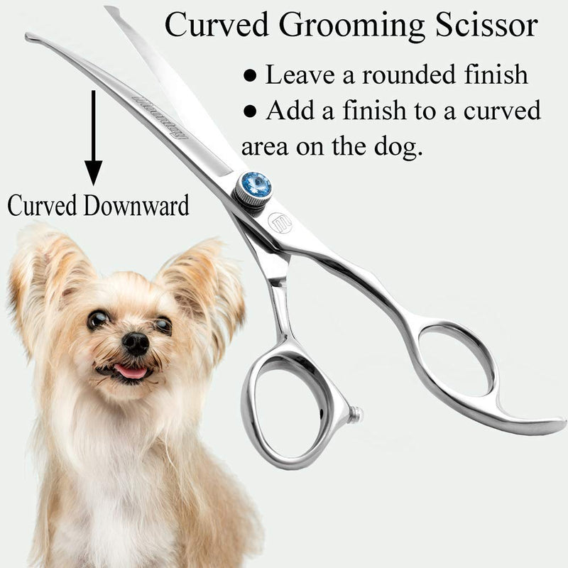 Moontay Professional Dog Grooming Straight, Curved, Thinning/Blending/Chunking Scissors Kit, JP-440C Stainless Steel Pet Cat Hair Cutting/Trimming Shears, Silver 7" (Curved Scissors) - PawsPlanet Australia