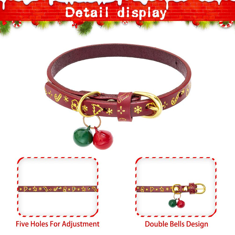 [Australia] - Christmas Leather Cat Collar - Puppy Collar with Bells 2 Pack, Soft Adjustable Genuine Leather Kitten Collars with Christmas Element Patterns, Perfect for Kitties & Puppies 