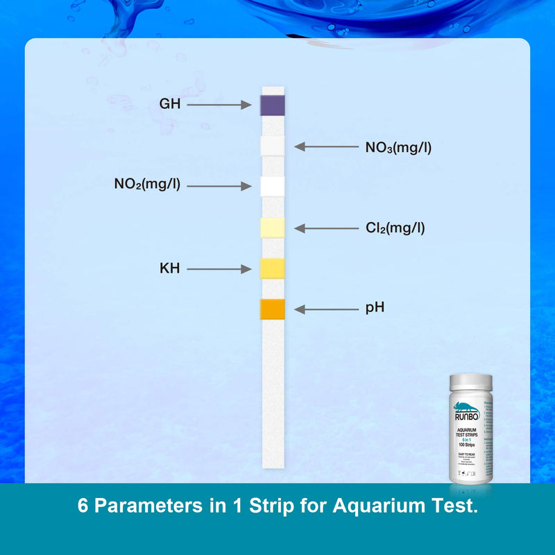 [Australia] - RUNBO Aquarium 6 in 1 Test Strips for Fresh/Salt Water, 100 Counts Easy and Accurate Test Nitrate, Nitrite, General Hardness, Free Chlorine,PH, Carbonate 