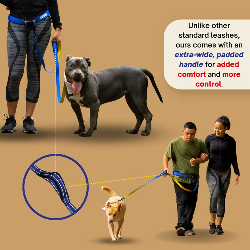 Uniqpals Hands Free Dog Leash for Medium to Large Dogs | 5 Feet Dog Leash for Walking, Running, Hiking with Heavy Duty Adjustable Waist Belt, Padded Handles, Reflective Stitching, and Carrying Bag Blue/Yellow - PawsPlanet Australia