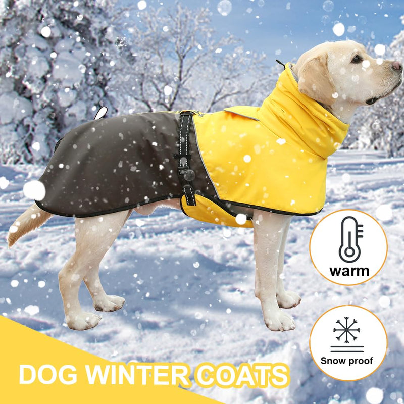 Large Dog Winter Coat, Warm Dog Jacket Reflective Fleece Dog Cold Weather Coat Warm Doggie Clothes Waterproof Dog Vest with Zipper Leash Hole for Small Medium Large Dogs (Yellow, 4XL) Yellow - PawsPlanet Australia