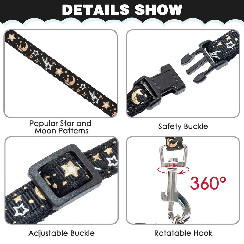 Cat Harness with Leash and Collar Set - Escape Proof Adjustable H-shped Cat Harness with Star and Moon Pattern Glow in The Dark for Kitty Outdoor Walking Black - PawsPlanet Australia
