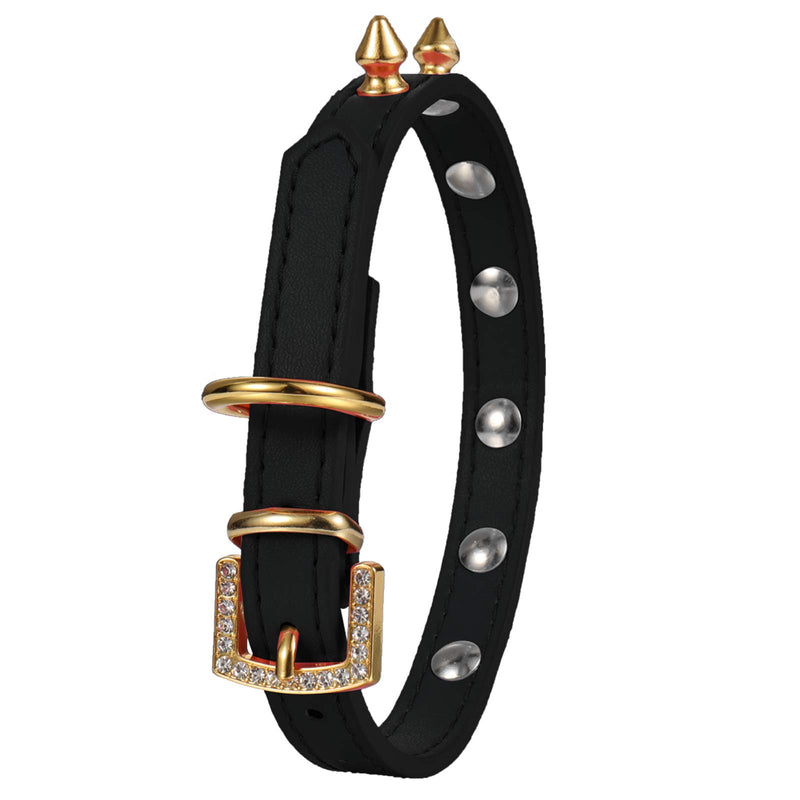 LOVPE Dog Collar/Cat Collar One Row Golden Spiked Studded Leather Pet Collars with Golden Rhinestone Buckle for Small Dog/Cat Puppy Kitty (S, Black) S - PawsPlanet Australia