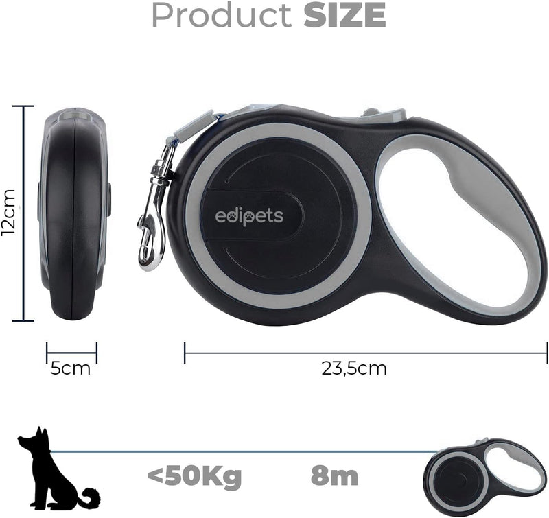 Edipets, dog leash, extendable, retractable, 3, 5 and 8 meters, flexible band for right and walks, dog leash, reel leash, flexi leash, retractable (gray, 8 meters) gray - PawsPlanet Australia