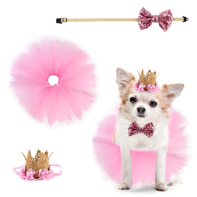 Petyoung Pet Birthday Party Supplies - Tutu Skirt Bow Tie and Crown Hat Set for Pet Puppy Cat Girl, Pink Outfit for Birthday Party Dog Wedding Dress - PawsPlanet Australia
