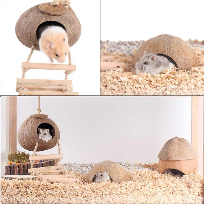 kathson Natural Coconut Hut Hamster Hiding House Pet Cave Small Animal Cage Habitat Decor Hanging Guinea Pig Toys with Ladder for Gerbils Rats Mice Playing Breeding 9PCS - PawsPlanet Australia