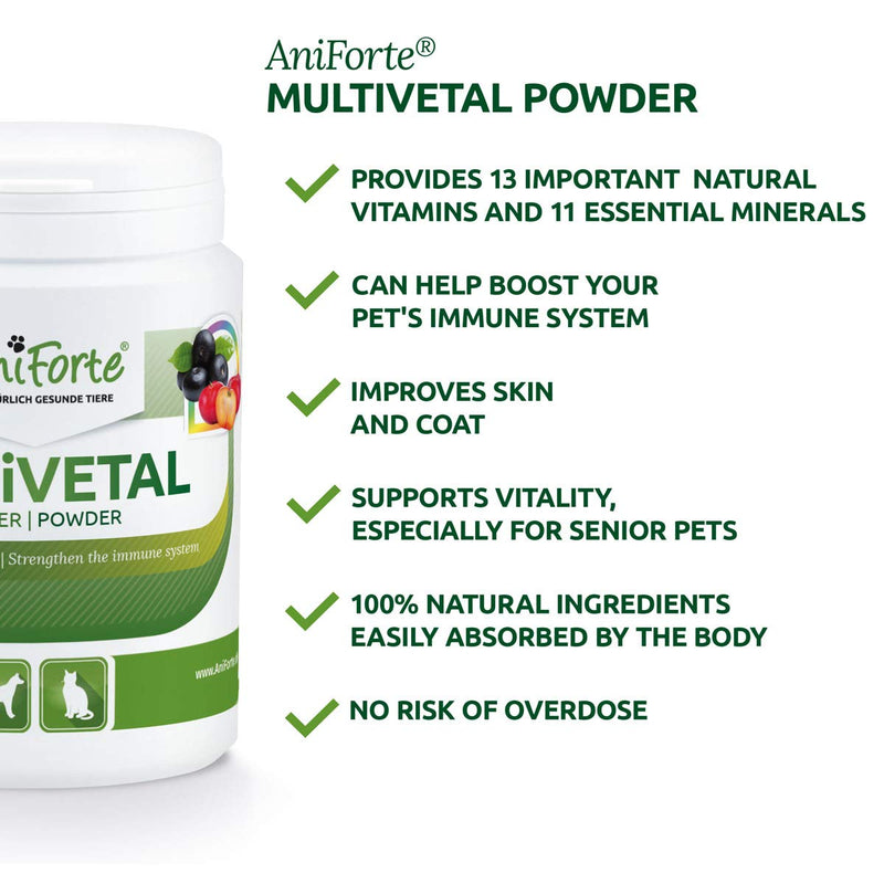 AniForte MultiVitamin MultiVETAL Powder 100g: Natural Vitamin Supplement for Dogs & Cats - Contains 13 Vitamins & 11 Minerals, Including Vitamin B Complex, B1, B2,B5, B6, B12, A, C, D, E, K, Omega 3 - PawsPlanet Australia