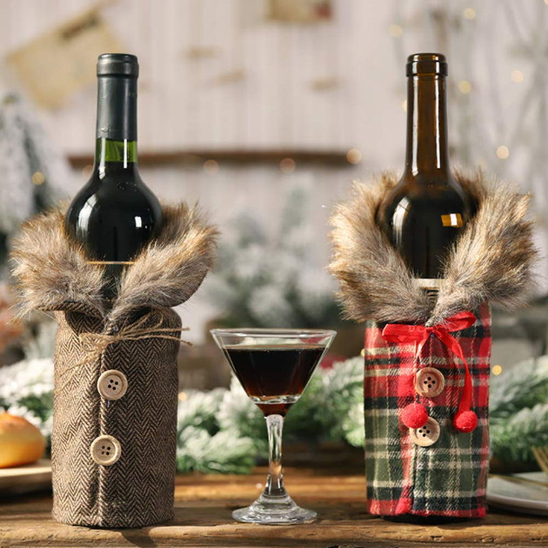 SCXCOPIDO Christmas Sweater Wine Bottle Cover,Xmas Party Dinner Table Decorations,Collar & Button Coat Design Wine Bottle Sweater 2pcs - PawsPlanet Australia