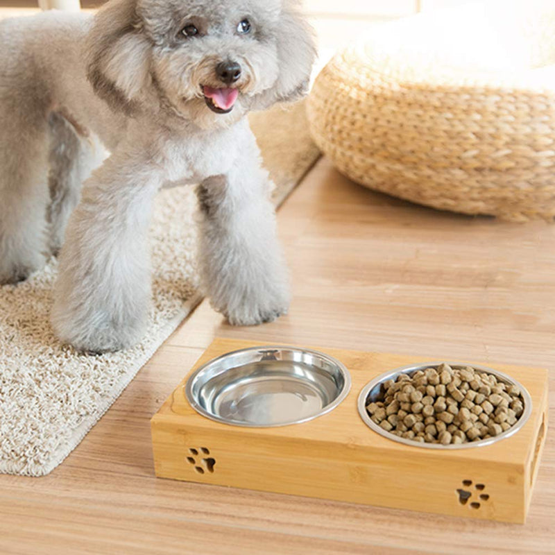 MIGHTYDUTY Raised Pet Bowls Food and Water with 2 Stainless Steel Bowls Dog Cat Elevated Bamboo Non-Slip Stand Feeder Dishes L - PawsPlanet Australia