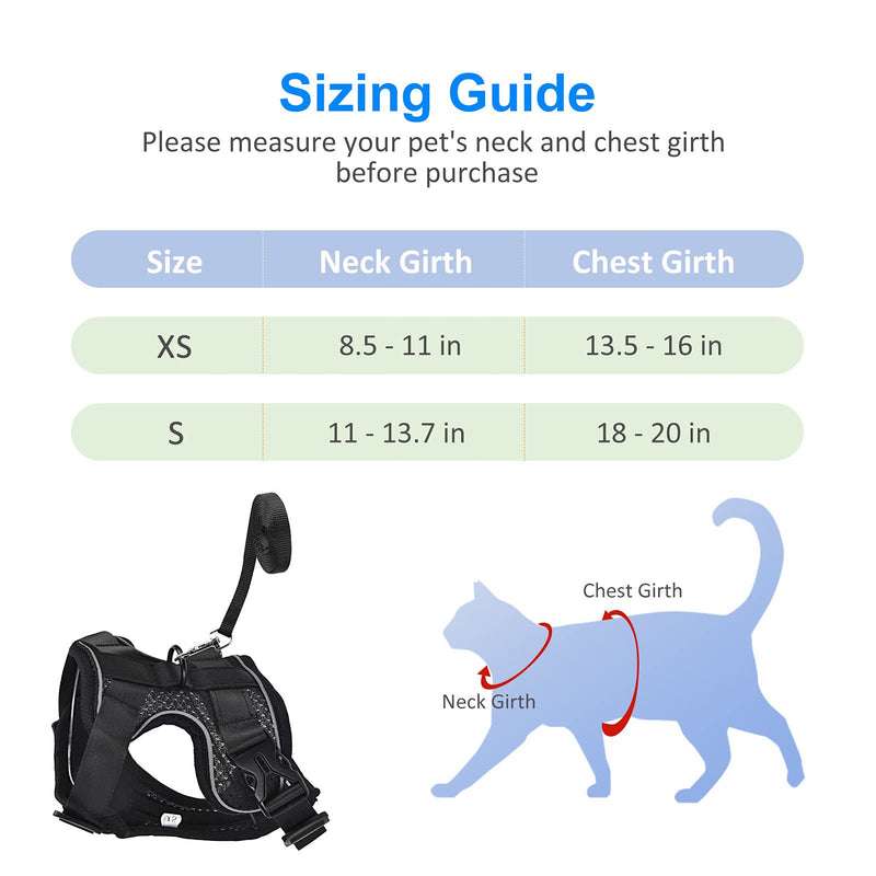 CatRomance Cat Harness Escape Proof, Breathable Cat Harness and Leash for Walking, Easy Control Cat Leash and Harness Set with Quick-Release Buckle and Reflective Strips, XS, (Chest Girth: 13.5-16”) XS: Neck 8.5-11"|Chest 13.5-16" Black - PawsPlanet Australia