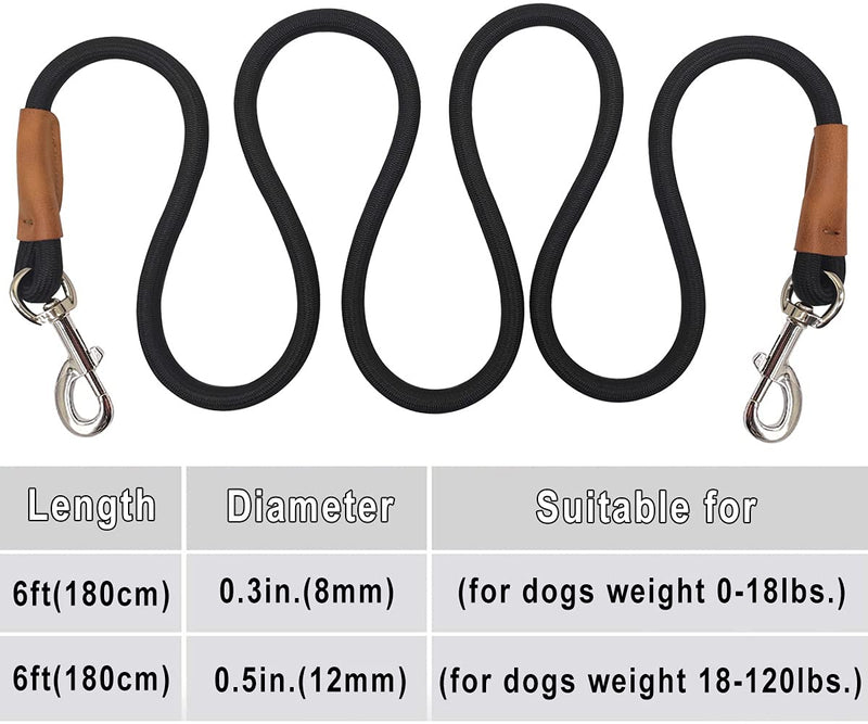 YUCFOREN 6 Foot Dog Tie Out Rope Leash, Heavy Duty Climbing Nylon Basic Leash for Camping, Indoor, Outdoor and Front Yard 0.3in.x 6ft.(for dogs weight 0-18lbs.) Black - PawsPlanet Australia