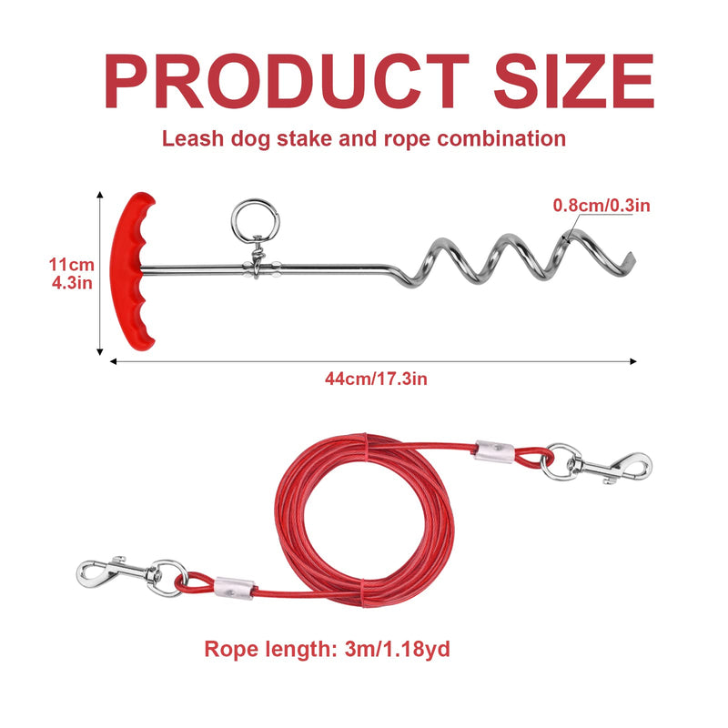 Dog Lead Stake,Heavy Duty Ground Spike Stake,Dog Tie Out Cable with 16 Inch 360° Rotating Steel Spiral Dog Tether Ground Stake, Sturdy Dog Spike and Lead for Outdoor Dog Camping Accessories 9.8 ft/3 m - PawsPlanet Australia