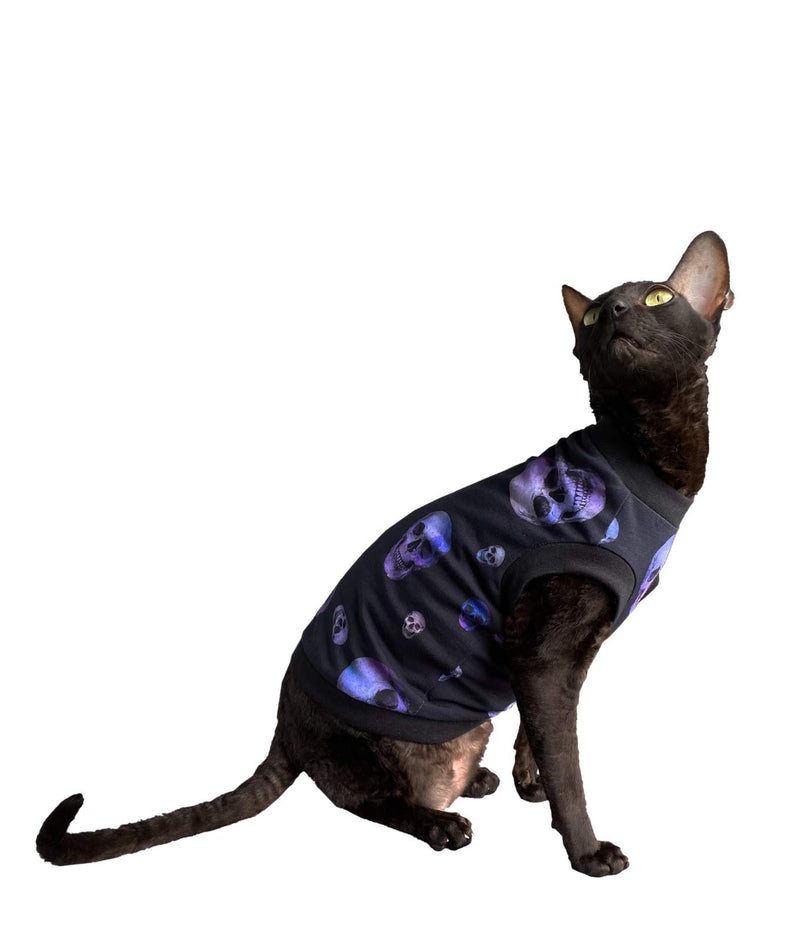 Kotomoda Hairless Cat's cotton stretch T-shirt Purple Sculls for Sphynx Cats (XS) XS - PawsPlanet Australia